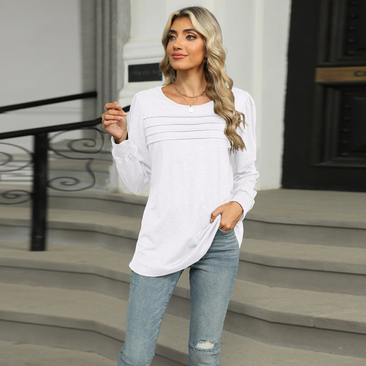 Women’s Pleated Long Sleeve Top – U-Neck Casual Solid Color T-Shirt - AllTrendMart - image 4