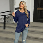 Women’s Pleated Long Sleeve Top – U-Neck Casual Solid Color T-Shirt - AllTrendMart - image 10