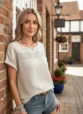 Women’s Hollow-Out Cotton T-Shirt – Casual Embossed Short Sleeve Top women-tshirt AllTrendMart