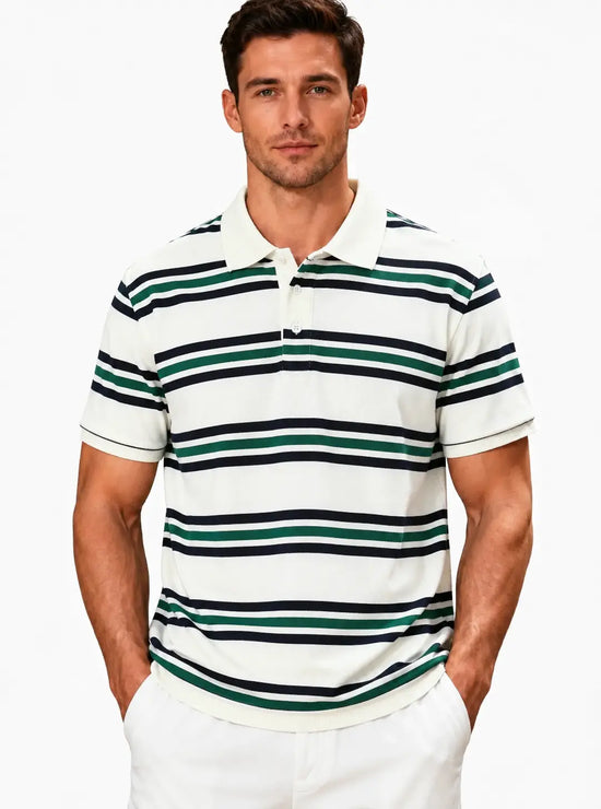Men’s Retro Striped Cotton Polo T-Shirt – Loose Fit Casual Short Sleeve Tee - AllTrendMart - image 1