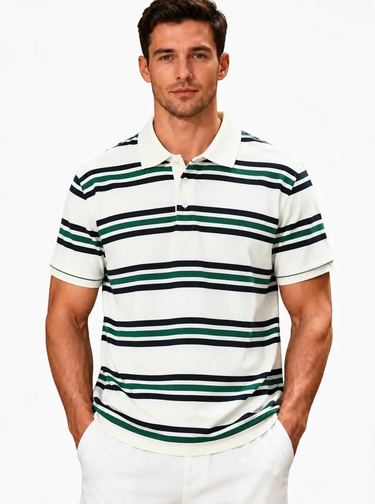 Men’s Retro Striped Cotton Polo T-Shirt – Loose Fit Casual Short Sleeve Tee - AllTrendMart - image 1