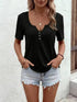 Women’s V-Neck Button T-Shirt – Casual Short Sleeve Henley Top women-tshirt AllTrendMart Black S