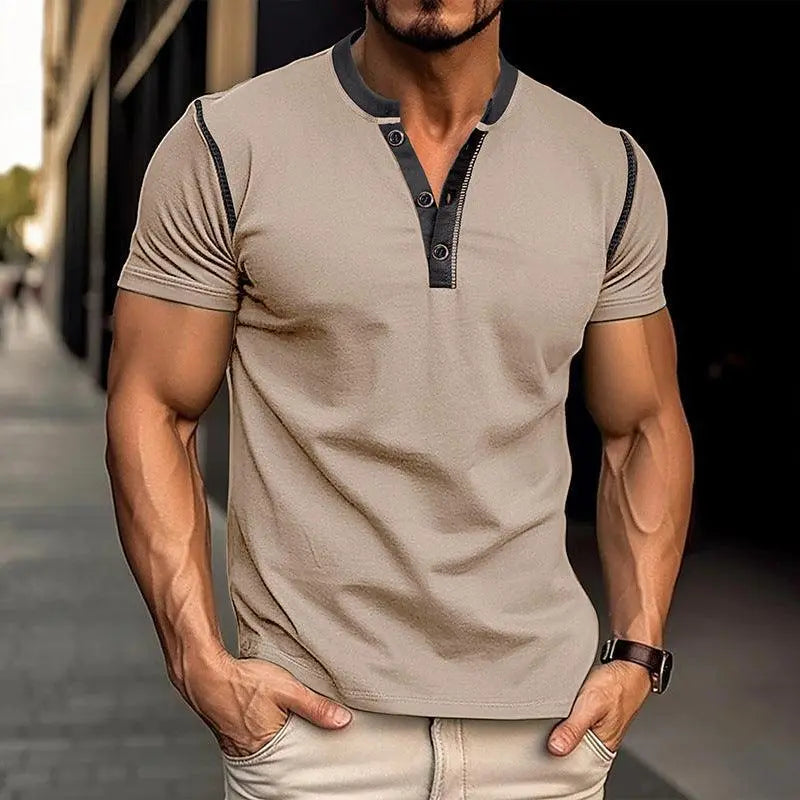 Men’s V-Neck Polo T-Shirt – Short Sleeve Casual Summer Top men-tshirt AllTrendMart Khaki S