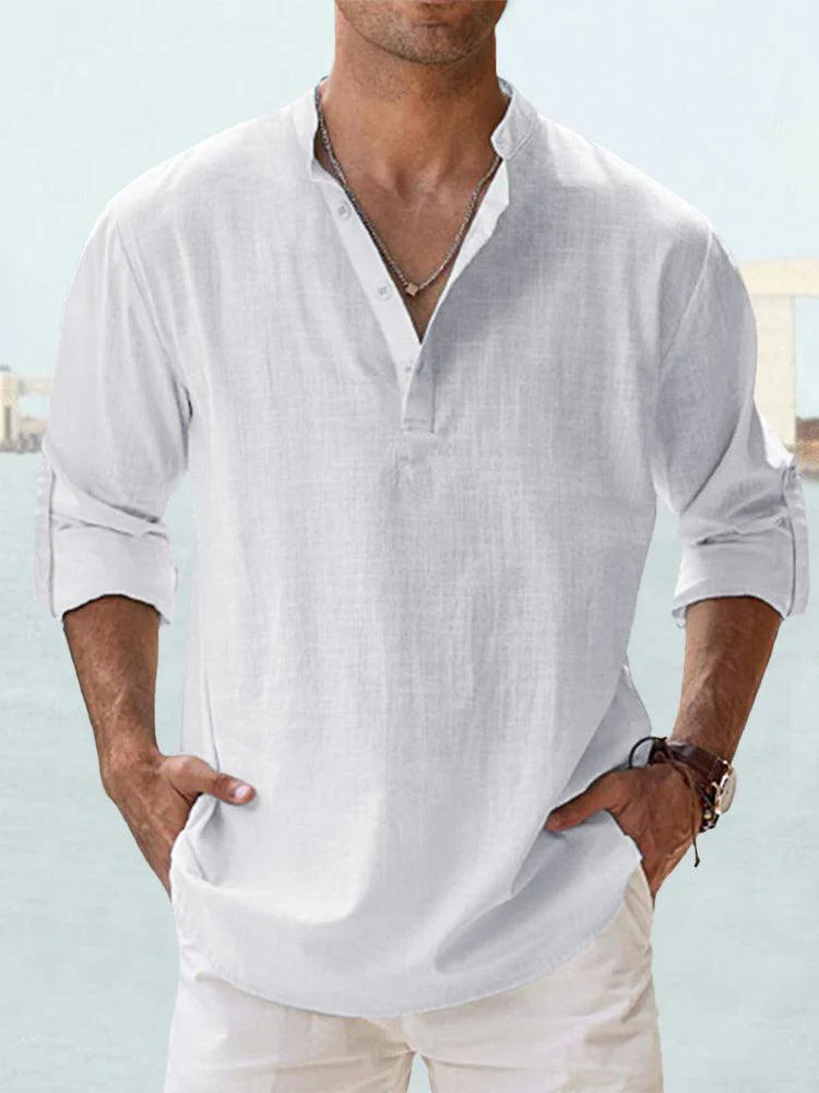 Men’s Cotton Linen Long Sleeve Shirt – Casual Stand Collar Loose Fit Top men-tshirt AllTrendMart White XS