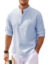 Men’s Stand Collar Long Sleeve Shirt – Casual Loose Fit Solid Color Top men-tshirt AllTrendMart