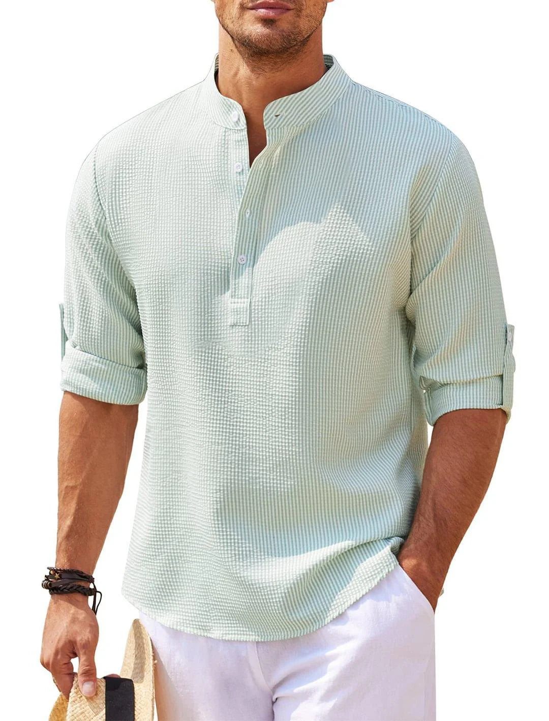 Men’s Stand Collar Long Sleeve Shirt – Casual Loose Fit Solid Color Top men-tshirt AllTrendMart