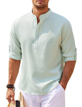 Men’s Stand Collar Long Sleeve Shirt – Casual Loose Fit Solid Color Top men-tshirt AllTrendMart