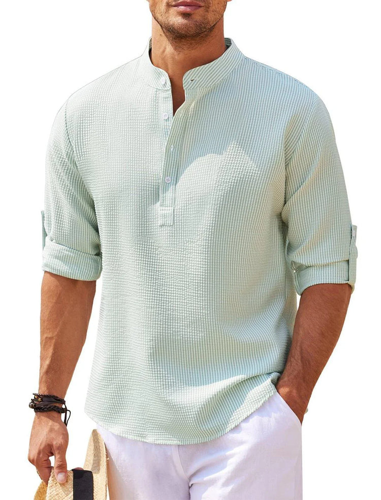 Men’s Stand Collar Long Sleeve Shirt – Casual Loose Fit Solid Color Top men-tshirt AllTrendMart