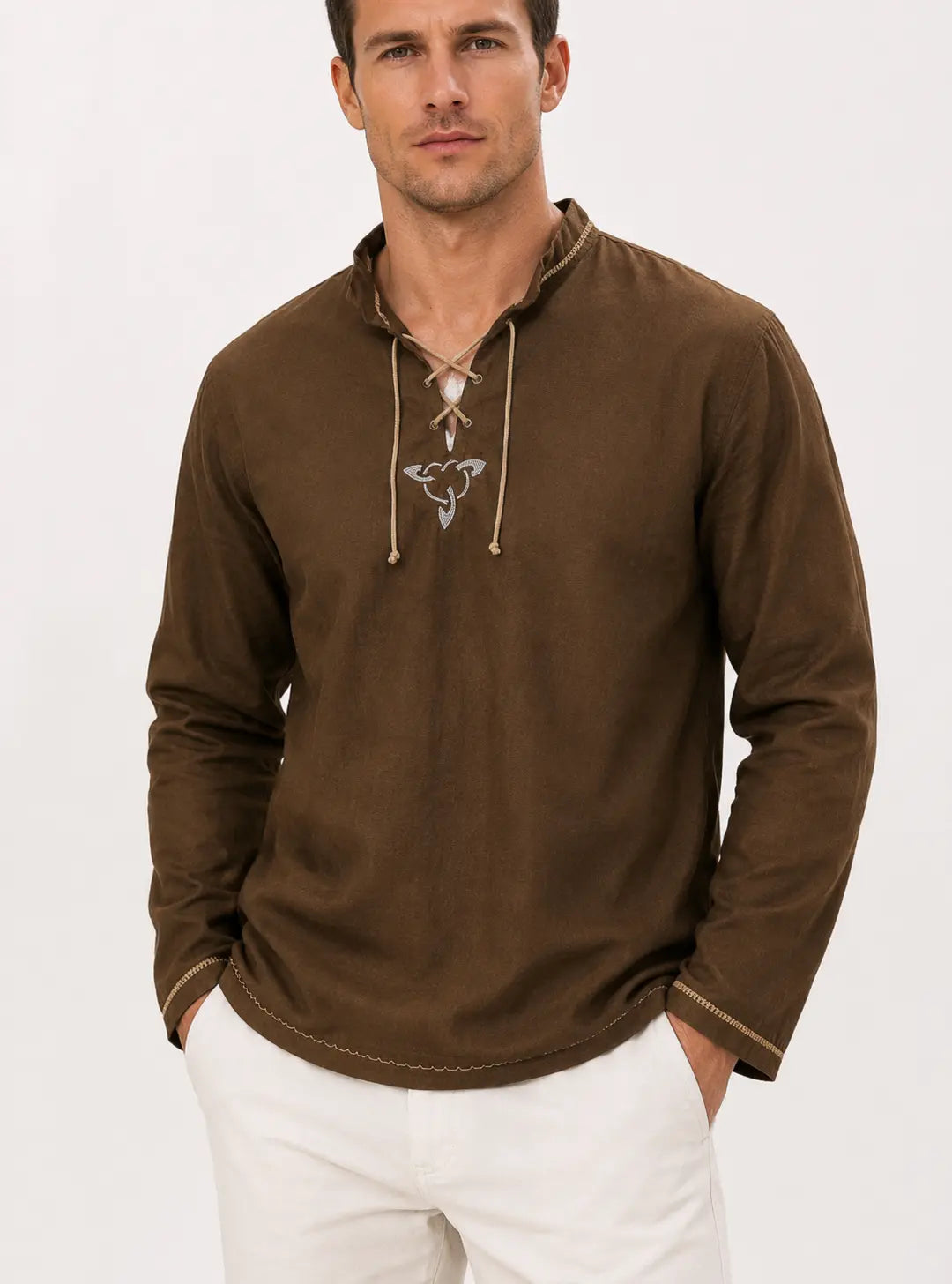 Men’s Stand Collar Long Sleeve T-Shirt – Casual Tie Neck Pullover Top men-tshirt AllTrendMart