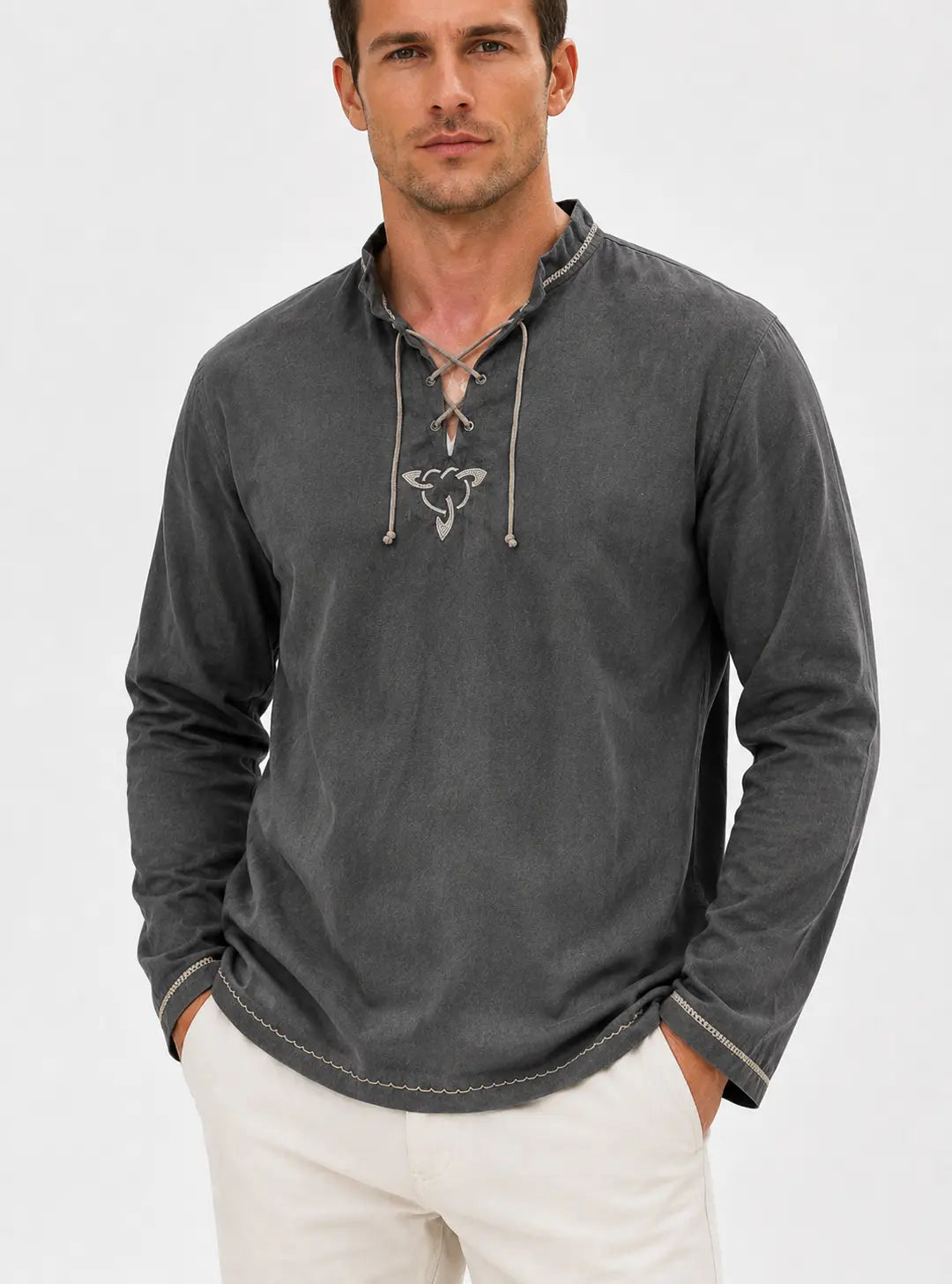 Men’s Stand Collar Long Sleeve T-Shirt – Casual Tie Neck Pullover Top men-tshirt AllTrendMart