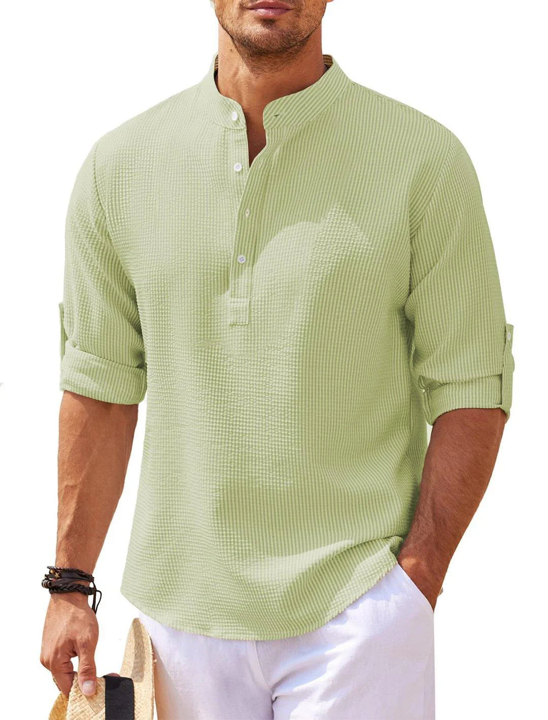 Men’s Stand Collar Long Sleeve Shirt – Casual Loose Fit Solid Color Top men-tshirt AllTrendMart