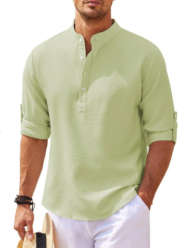 Men’s Stand Collar Long Sleeve Shirt – Casual Loose Fit Solid Color Top men-tshirt AllTrendMart