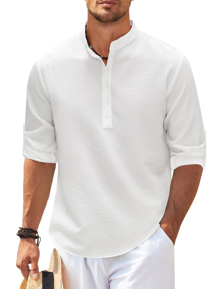 Men’s Stand Collar Long Sleeve Shirt – Casual Loose Fit Solid Color Top men-tshirt AllTrendMart